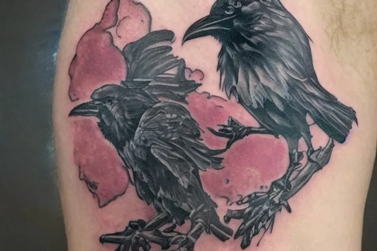 Prompt: a raven tattoo rips itself from his arm to deliver a desperate message, Galharrow and a mysterious noblewoman must investigate a long dead sorcerer's legacy. Photo-realistic HD, hyperrealism, colourful, highly detailed, cinematic, luminescence, 32k, DoP, high contrast, intricate, mystery, epic, fantasy