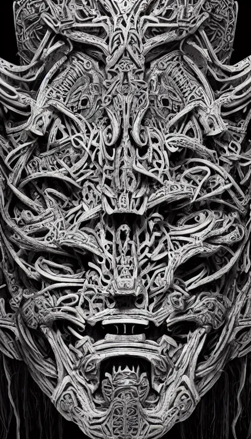 Image similar to ancient biomechanical hybrid aztec fantasy beautiful symmetrical monster face mask tattoo pattern concept, teonanacatl glyph, intricate artwork by, Johnatan Wayshak, Zdizslaw Beksinski, face by Artgerm, H.R. Giger, very coherent artwork, cinematic, hyper realism, high detail, octane render, unreal engine, 8k, High contrast, higly detailed black ink outline, crosshatch sketch gradient