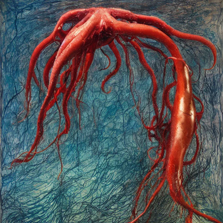 Prompt: Hyperrealistic intensely colored Studio wet collodion Photograph portrait of a deep sea Giant Squid deep underwater in darkness long exposure, award-winning nature deep sea expressionistic impasto heavy brushstrokes oil painting by Cy Twombly! and Tim Hawkinson and Anselm Kiefer vivid colors hyperrealism 8k