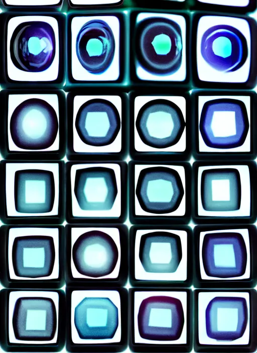 Prompt: grid montage of opticals with cube shaped iris, square shaped black dilated pupils cubes, cube shaped, detailed colored textures, lashes, advanced art, art styles mix, wet reflections in square eyecubes, sunshine light, hd macro photograph, from side, various cube eyelid positions