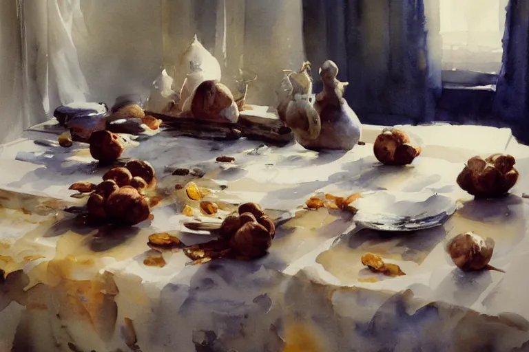 Prompt: paint brush strokes, abstract watercolor painting of walnuts on table cloth, leaves, art by hans dahl, by jesper ejsing, art by anders zorn, wonderful masterpiece by greg rutkowski, cinematic light, american romanticism by greg manchess, creation by tyler edlin