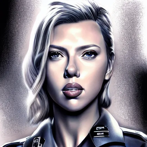 Image similar to scarlet johansson dressed as swat police officer, highly detailed portrait, digital painting, by julie bell, artgerm, ilya kuvshinov