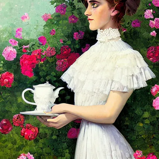 Image similar to painting on wall full body fashion model emma watson by Winslow Homer smokey eyes makeup eye shadow fantasy, glow, shimmer as victorian woman in a long white frilly lace dress and a large white hat having tea in a sunroom filled with flowers, roses and lush fern flowers ,intricate, night, highly detailed, dramatic lighting , high quality