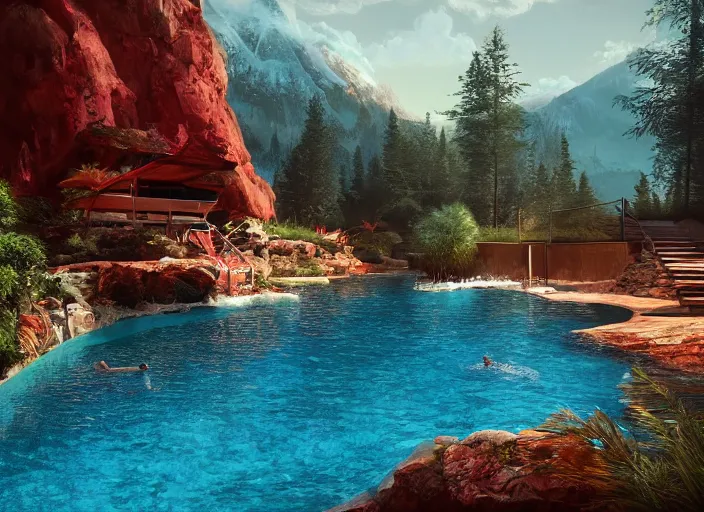 Prompt: tone hut with a swimming pool, mountain landscape, red background, beautiful landscape, dramatic lighting, cinematic, extremly high detail, photorealistic, cinematic lighting, post processed, concept art, artstation, matte painting, style by greg rutkowsky