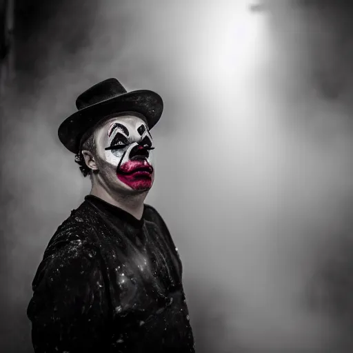 Image similar to an old 5 0 mm close up portrait of a man putting on clown makeup in a dark foggy alley