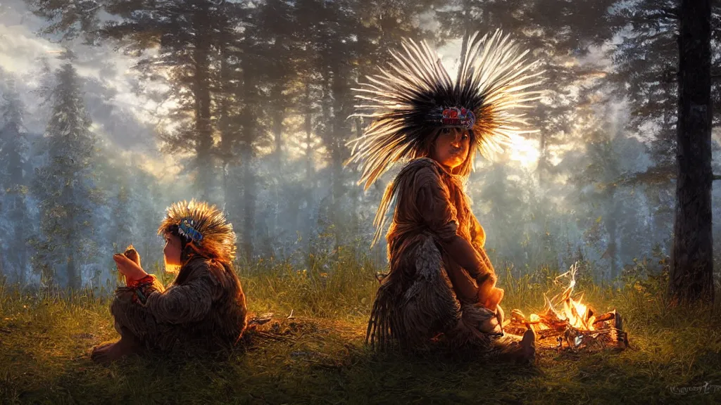 Prompt: highly detailed portrait of a grizzled indigenous child, sitting at a campfire, feathered headdress, traditional clothing, unreal engine, fantasy art by greg rutkowski, ferdinand knab, night, stars, aurora borealis, forest, global illumination, radiant light, detailed and intricate environment