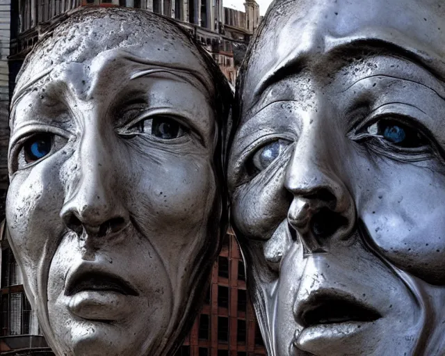 Image similar to by francis bacon, louise bourgeois, bruno catalano, mystical photography evocative. an intricate fractal concrete and chrome brutalist carved sculpture of the secret faces of god, standing in a city center.