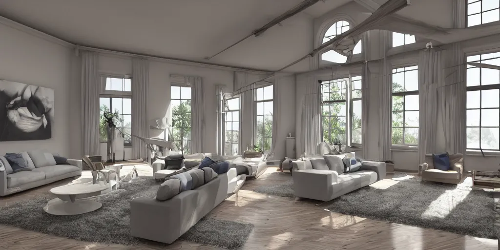 Image similar to photo realism, living room, high ceiling, large windows, interior design, high details, hyper - realistic, 8 k