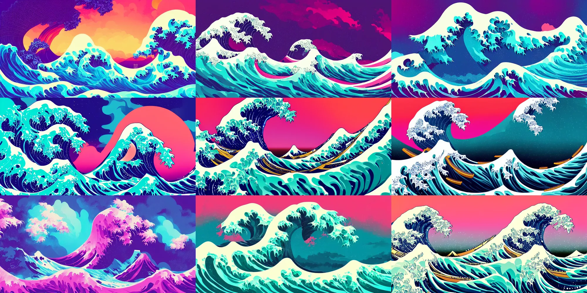 Prompt: great wave, vaporwave, vibrant, complimentary color scheme, digital art, illustration, aesthetic, artstation, 4 k, anton fadeev