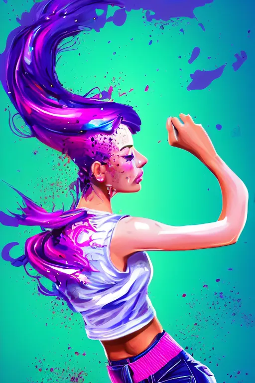 Image similar to a award winning half body porttrait of a beautiful woman in a croptop and cargo pants with ombre purple pink teal hairstyle with head in motion and hair flying, paint splashes, splatter, outrun, vaporware, shaded flat illustration, digital art, trending on artstation, highly detailed, fine detail, intricate