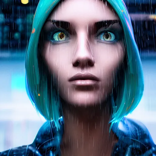 Prompt: stylish cartoon portrait made out of rain, cyberpunk background, rendered in octane, unreal engine, highly detailed, trending on artstation, realistic, splashes of neon, beautiful, volumetric lighting, depth of field, glowing eyes