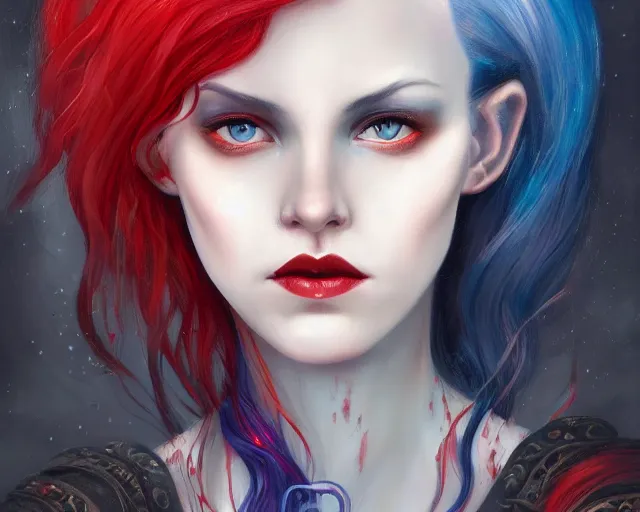 Image similar to A detailed matte oil on canvas head on symmetrical portrait of a distinguished elven woman with red and blue hair on an empty background, by Charlie bowater, Lise Deharme, Wlop, trending on artstationhd, dungeons and dragons art, parted hair , half blue, half red , split dye, critical role