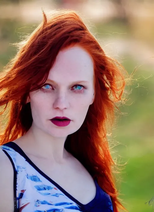 Image similar to close up portrait of a ( thin young redhead woman with russian descent, sunbathed skin, with ( intricate symmetrical deep blue eyes with ( round black pupils ) ) and ( wavy long maroon colored hair ) who looks directly at the camera with a ( slightly open mouth ) ). face takes up half of the photo. a park visible in the background. by luis royo.