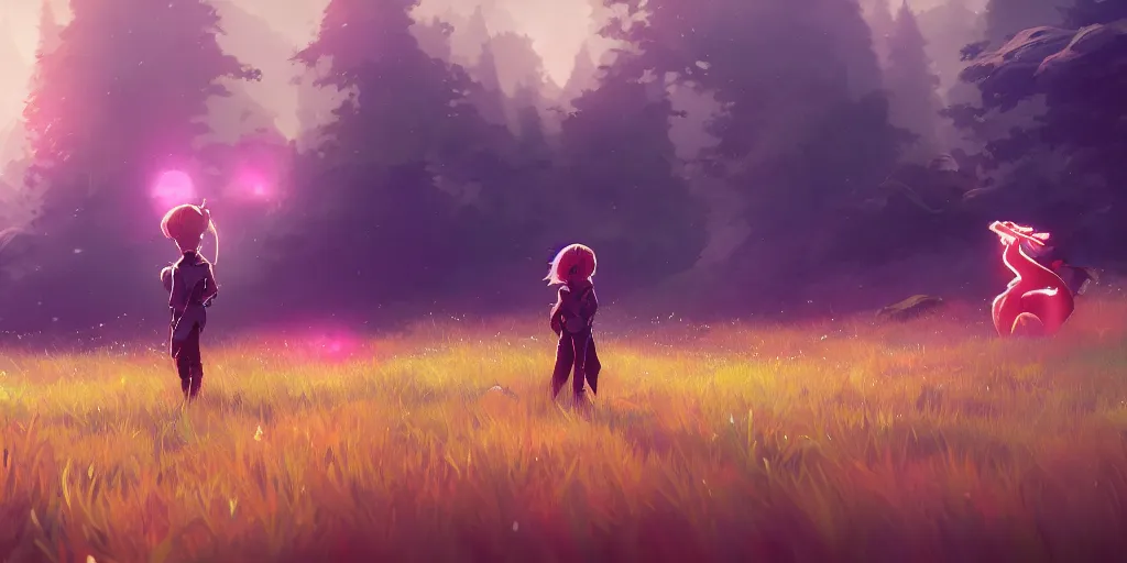 Image similar to A dragon stands in the middle of a meadow, mattepainting concept Blizzard pixar maya engine on stylized background splash comics global illumination lighting artstation lois van baarle, ilya kuvshinov, rossdraws