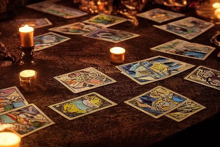 Image similar to Closeup of tarot cards on a table, victorian magic seance with ghosts in an ornate dimly lit room at night, octane