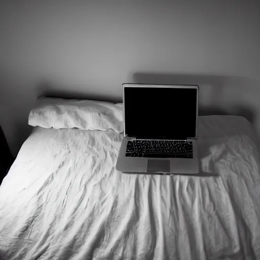 Image similar to dimly lit bedroom, looking down at the edge of a bed, sheets are ruffled, a computer sits on a desk nearby