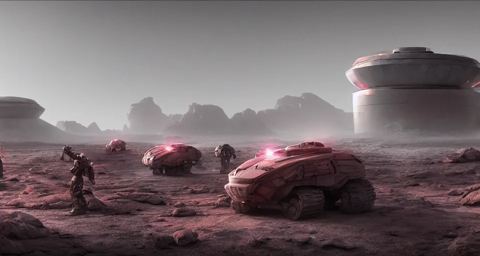 Image similar to alien red desert, foreground giant Fluorite art deco crystals out of the ground, Nordic rocky desert environment, background grey troopers and bounty hunters standing near their huge sci-fi futuristic tank | 35mm | arch viz , Matte painting, octane render, 8k, corona render, movie concept art, bio-luminescence, liquid, mist, caustics, epic mood, cinematic, hyper detailed, insanely detailed and intricate, portrait, hyper maximalist, cinematic, octane render, colorful redshift render, 8k