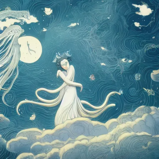 Prompt: the girl lies in the arms of the white dragon and embraced in the fairyland surrounded by white clouds, in the style of victo ngai, animation style, 8 k render