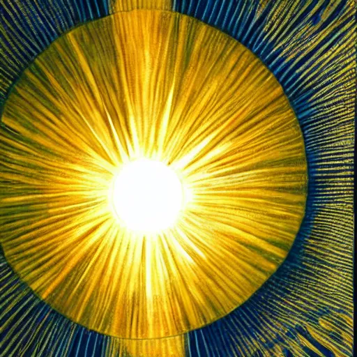 Image similar to A beautiful collage of the sun. The sun is depicted as a large ball in the center of the piece, with rays of light emanating out from it in all directions. by Kate Greenaway