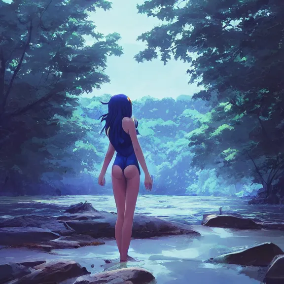 Image similar to one single girl wearing a blue full body bathing suit wading, wading weight high water, standing in a narrow river, trees bent over the river, shady, ripples, facing, looking at the camera, inviting look, atmospheric lighting. By Makoto Shinkai, Stanley Artgerm Lau, WLOP, Rossdraws, James Jean, Andrei Riabovitchev, Marc Simonetti, krenz cushart, Sakimichan, trending on ArtStation, digital art.