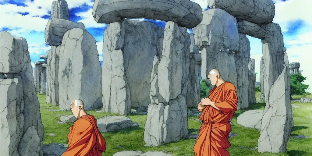 Image similar to a hyperrealist anime watercolor fantasy concept art of a giant monk with a big forehead and a grey robe swaying in stonehenge. in the background several immense stones are floating in the air. by rebecca guay, michael kaluta, charles vess