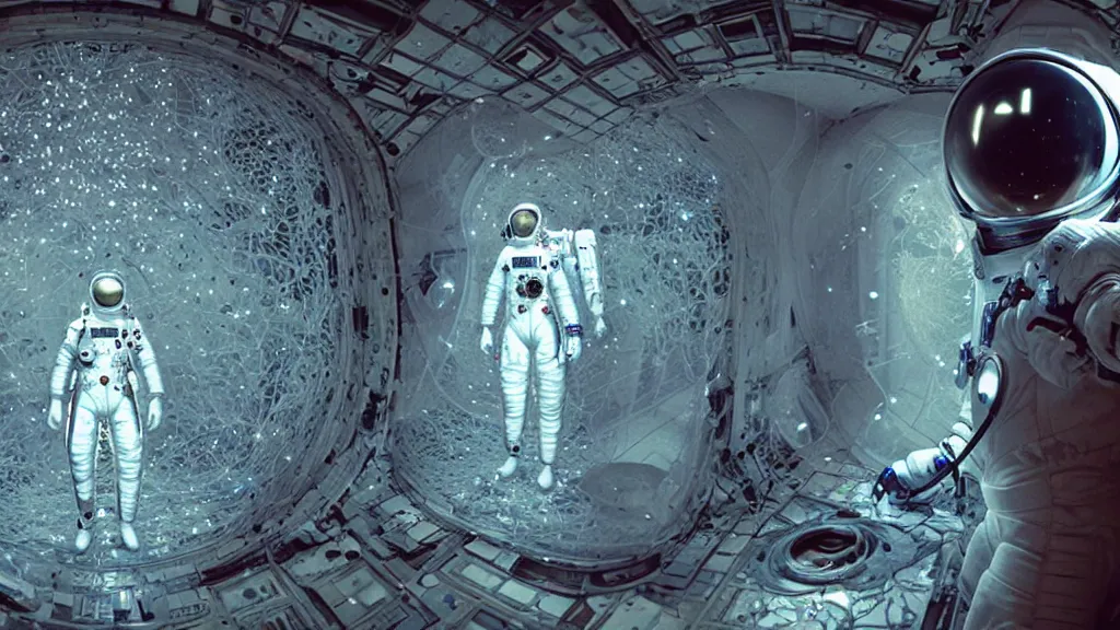 Image similar to a cybernetic symbiosis of a single astronaut eva suit with diamond 3d fractal lace iridescent bubble 3d skin covered with insectoid compound eye camera lenses floats through the living room, film still from the movie directed by Denis Villeneuve with art direction by Salvador Dalí, wide lens,