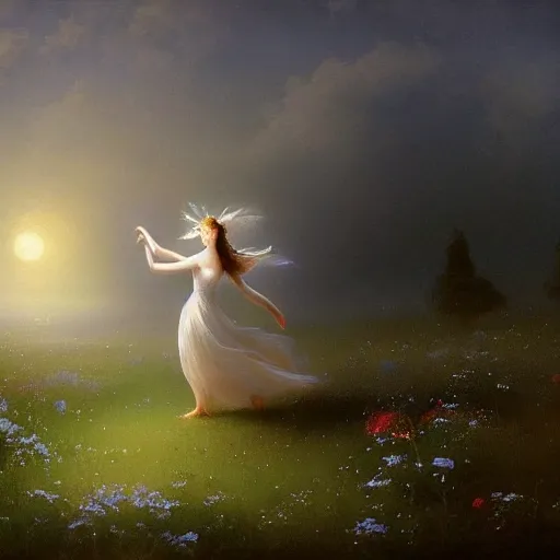 Prompt: the moonlit dance of the fae, dancers in white dancing across a flower meadow the moonlit dance by elena vizerskaya and ivan aivazovsky, perfectly detailed, artstation, sharp focus, highly detailed, studio photography