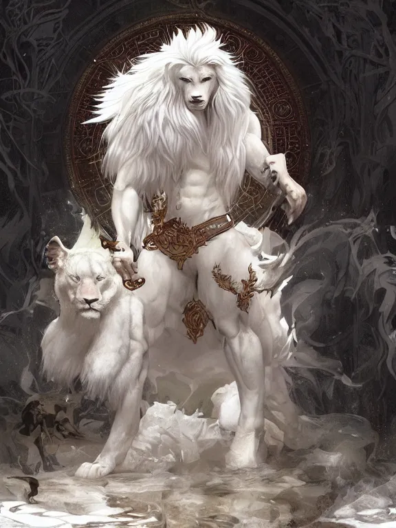 Image similar to muscular male albino anthropomorphic anthro furry white lion summoner with a fire elemental, fantasy, man, intricate, elegant, highly detailed, digital painting, artstation, concept art, wallpaper, smooth, sharp focus, illustration, art by artgerm and greg rutkowski and alphonse mucha