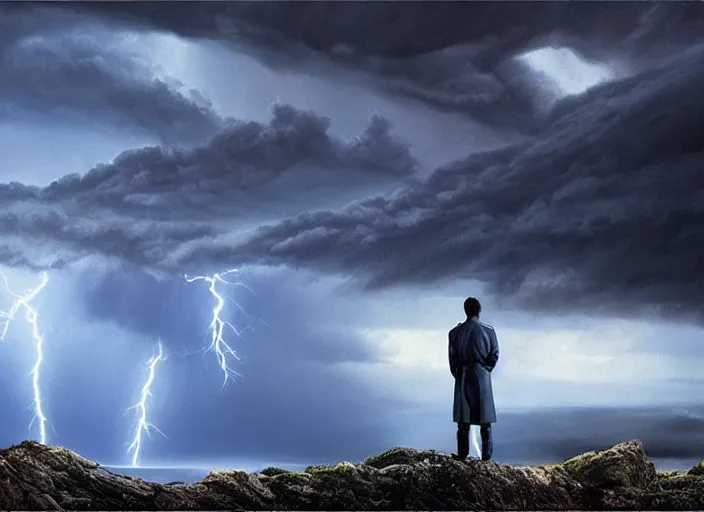 Prompt: a man with a long wavy black hair wearing a long blue coat and stands in the foreground with his back to the viewer. he is on bare rocky ground looking up at an immense approaching lightning storm. roiling dramatic threatening dangerous looming clouds. dramatic fantasy art by michael whelan