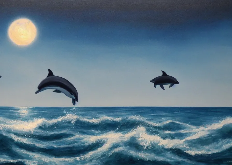 Prompt: beautiful ocean in moonlight, dolphins jumping out of the water, oil painting