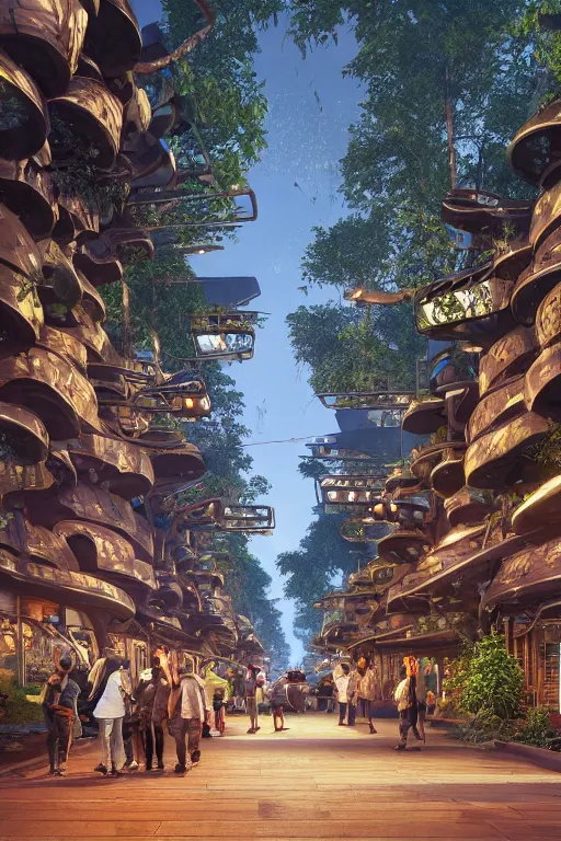 Prompt: crowded street between futuristic giant wooden tree trunk buildings, organic wooded shops, solarpunk, organic bioluminescent street lights, dark forest canopy understory, cinematic lighting, night time, octane render, 3 d pixar disney digital cgi rtx hdr painting, highly detailed, artstation cgsociety masterpiece, by syd mead, greg rutkowski, wlop, artger