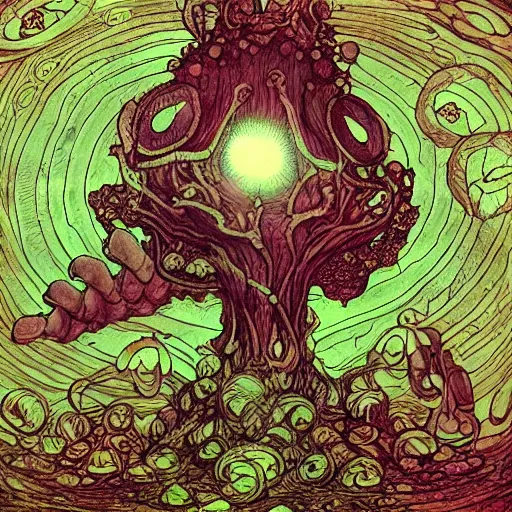 Prompt: psychedelic mushroomfolk cleric casting halo spell , in the style of Greg Broadmore and junji ito and Arthur Rackham and Moebius, trending on artstation, light lighting side view,digital art,surrealism ,macro,blueprint ,vaporwave ,