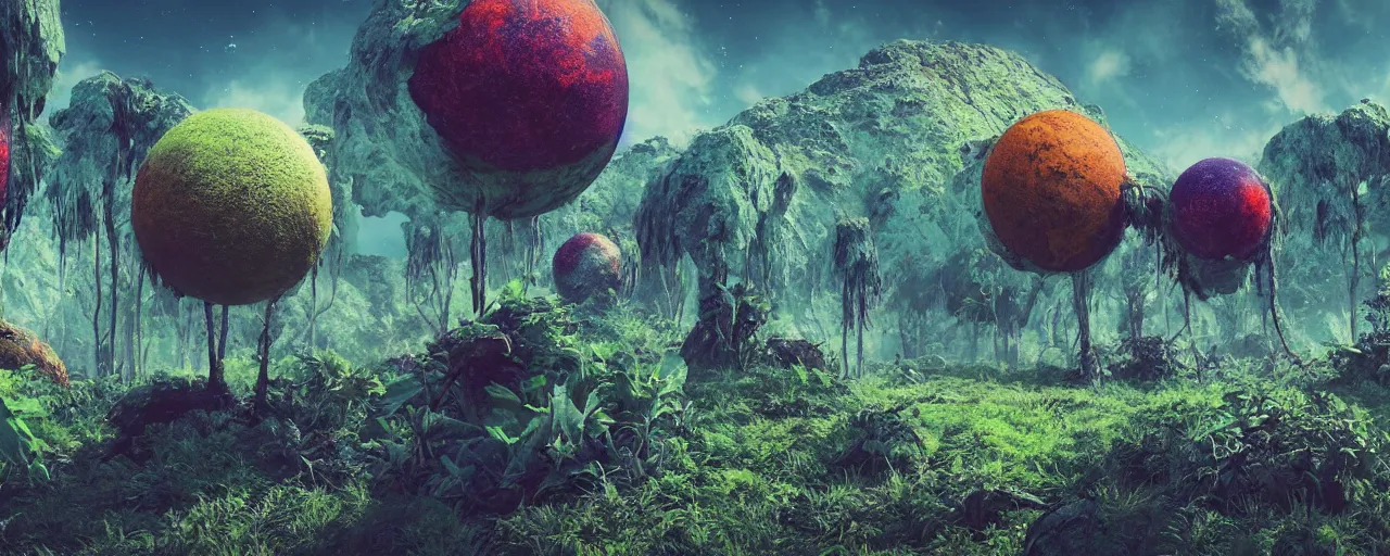 Image similar to ” outer planet with strange alien vegetation, [ colourful, cinematic, detailed, epic, widescreen, opening, establishing, mattepainting, photorealistic, realistic textures, octane render ] ”