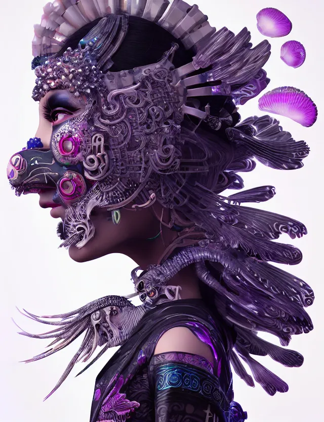 Image similar to 3 d goddess close - up profile portrait cyberpunk with ram skull. beautiful intricately detailed japanese crow kitsune mask and clasical japanese kimono. betta fish, jellyfish phoenix, bio luminescent, plasma, ice, water, wind, creature, artwork by tooth wu and wlop and beeple and greg rutkowski