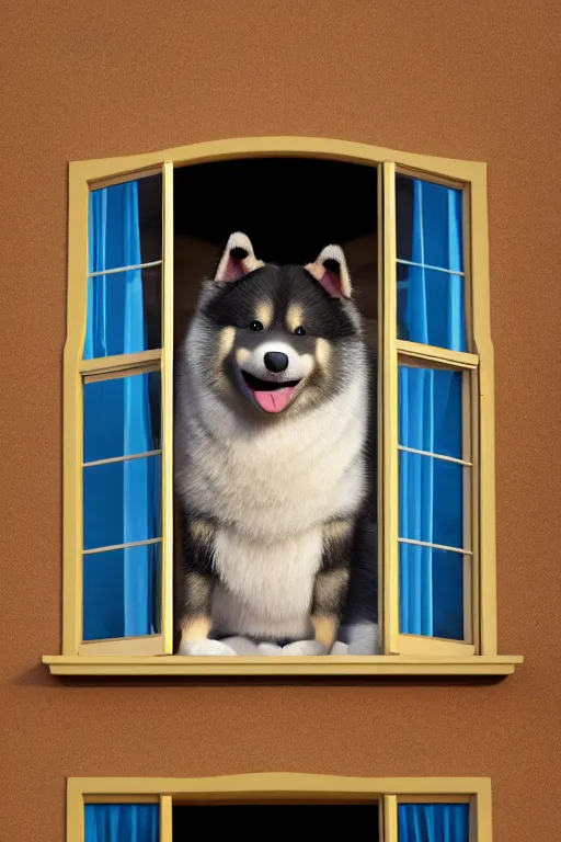 Prompt: happy finnish lapphund dog holding a crown at house window. Pixar Disney 4K 3d render funny animation movie Oscar winning trending on ArtStation and Behance. Ratatouille style.