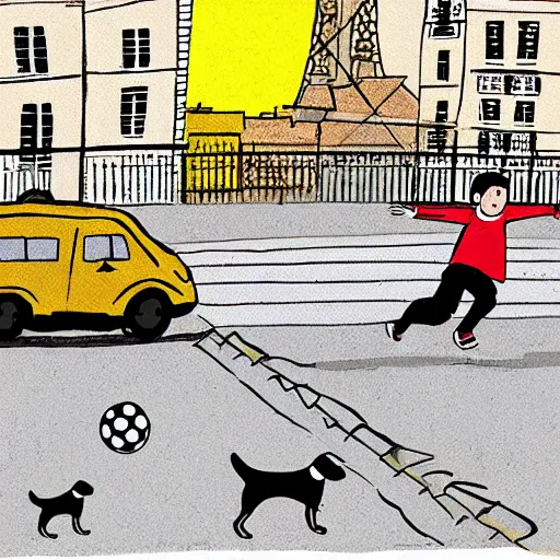 Prompt: illustration of boy playing football with his dog on the streets of paris, his dog dog is a corgi that wears a polkadot scarf