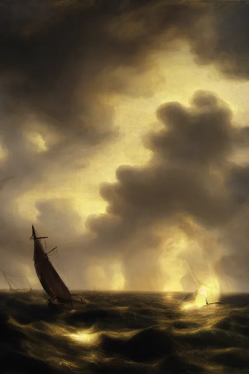 Prompt: the storm on the sea of galilee, oil - on - canvas painting, close - up, elegant, volumetric lighting, scenery, digital painting, highly detailed, artstation, sharp focus, illustration, concept art, by rembrandt van rijn