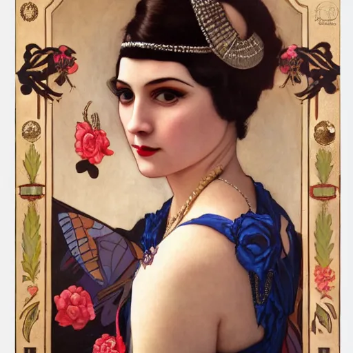 Image similar to a portrait painting of a 1 9 2 0 s woman in a flapper dress, highly detailed, art by tristan eaton and artgerm and william - adolphe bouguereau