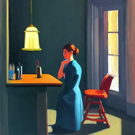 Prompt: a painting of a woman sitting in a bar scrolling on her smartphone in the style of edward hopper