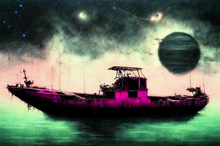 Image similar to boat in the outer space with clouds looking at derelict ship, in the style of beksinski, intricate and epic composition, pink by caravaggio, insanely quality, highly detailed, masterpiece, neon green light, artstation, 4 k