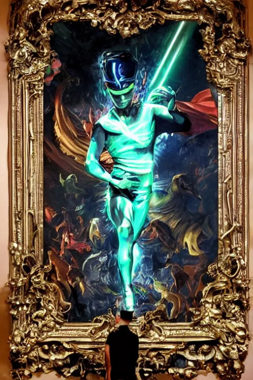 Image similar to full-body bladerunner style sculpture of a young handsome Latino prince as a half cibernetic android running low on battery, alert glowing, laser beam eyes, crown of giant diamonds, flowing neon-colored silk, fabric, raptors. baroque elements. full-length view. baroque element. intricate artwork by caravaggio. many many birds birds on background. Trending on artstation, octane render, cinematic lighting from the right, hyper realism, octane render, 8k, depth of field, 3D