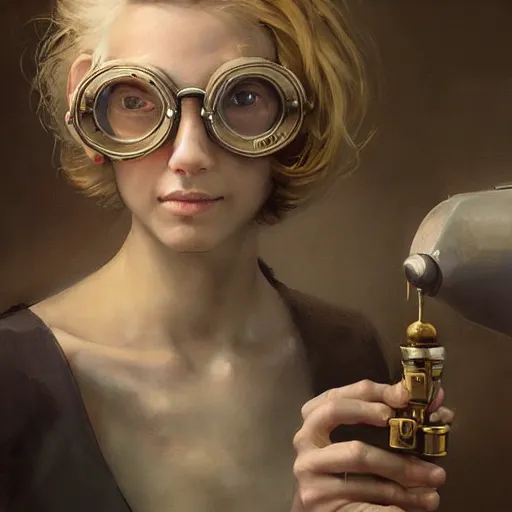 Prompt: expressive oil painting, heroic square - jawed butch emotionless blonde woman engineer with very short hair, brass victorian goggles, paint drips liquid wax, by yoshitakab amano, by greg rutkowski, by jeremy lipkinng, by artgerm, digital art, octane render