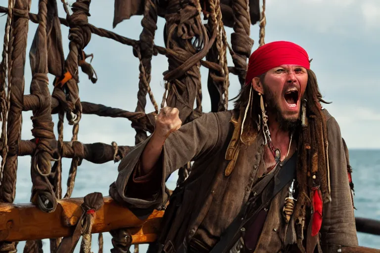 Prompt: closeup old pirate yelling on an old pirate ship, by emmanuel lubezki