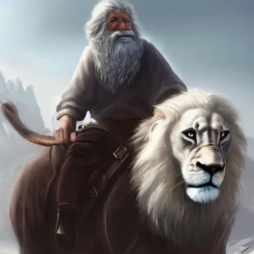 Image similar to old man ( wise long white beard wearing a hooded tunic ) riding on lions back, epic digital art trending on artstation, superb detail 8 k