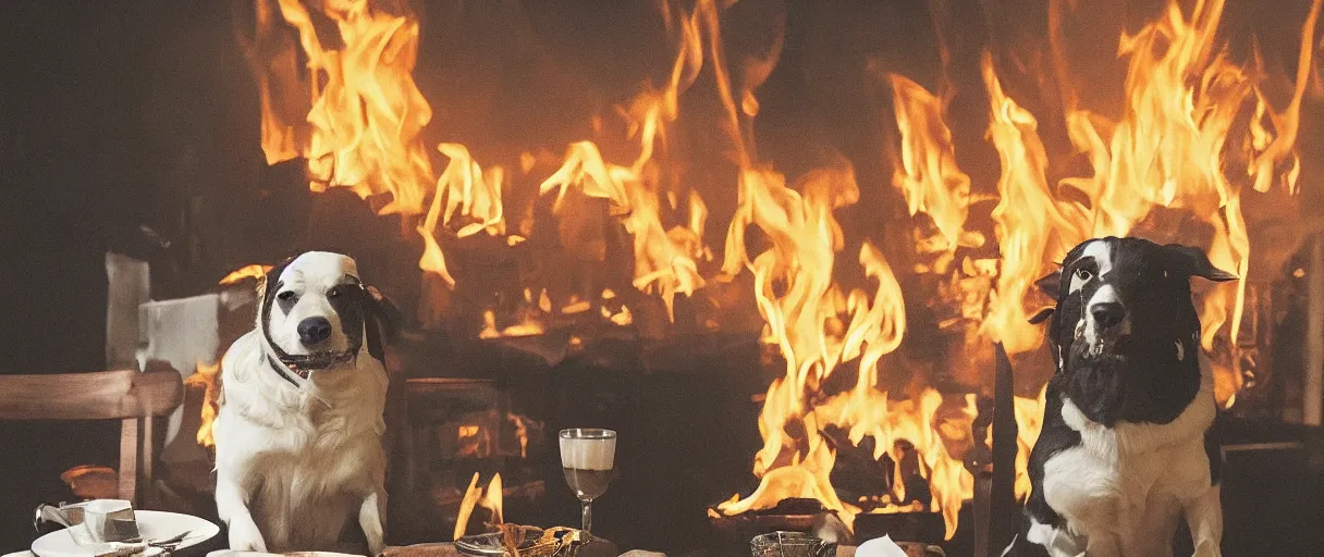 Image similar to a photograph (flash on) of a relaxed anthropomorphic dog sitting on a chair at a dinner table (no fire at all there), surrounded by flames, cup of coffee on the table, huge fire on this dining room in the background, a lot of flames behind the dog, black smoke instead of the ceiling, no watermark