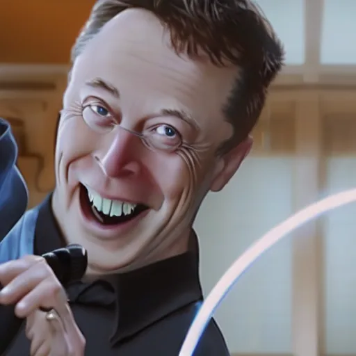 Image similar to film still of elon musk dueling bill gates with a fencing saber, epic cinematic