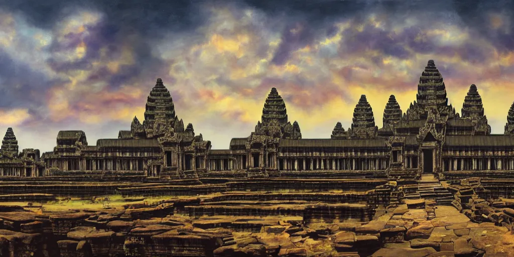 Image similar to fantasy oil painting, hybrid, mega structure city, angkor wat, kailasa temple, ellora, looming, small buildings, warm lighting, street view, silhouetted figure standing overlooking, space port city, epic, distant mountains, bright clouds, luminous sky, cinematic lighting, michael cheval, david palladini, artstation, oil painting, natural tpose