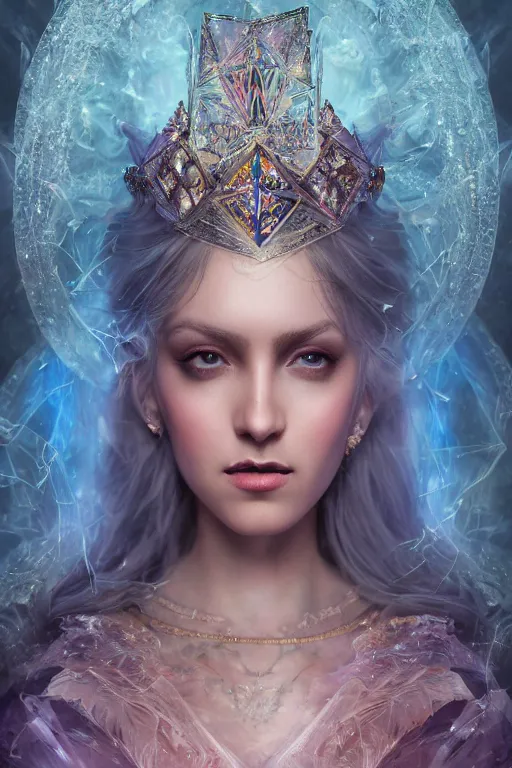 Image similar to Atmospheric detailed photography of a beautiful magician , wearing crystal fractal tiara, Symmetrical composition, fantasy long intricate gown, sharp focus, octane render, high quality, 8k, volumetric lighting, color grading, by Tom Bagshaw and James Jean and Artgerm