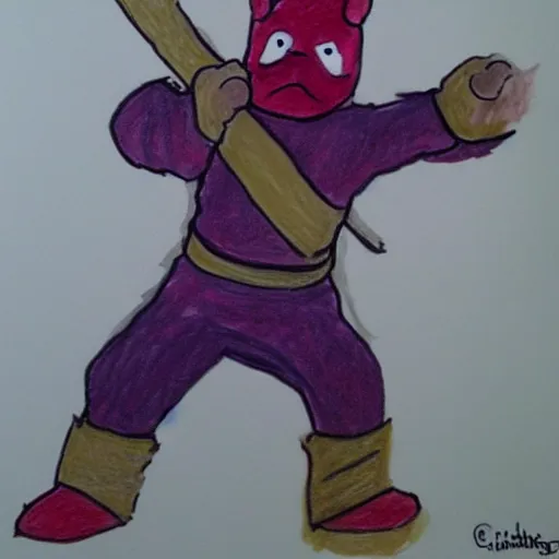 Prompt: Child drawing of a ninja fighting a teletubby