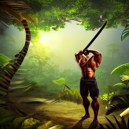 Image similar to a man with a big muscle holding a weapon in the middle of a jungle it's a sunny day and in the background there is a camp surrounded by a couple of trees digital concept art